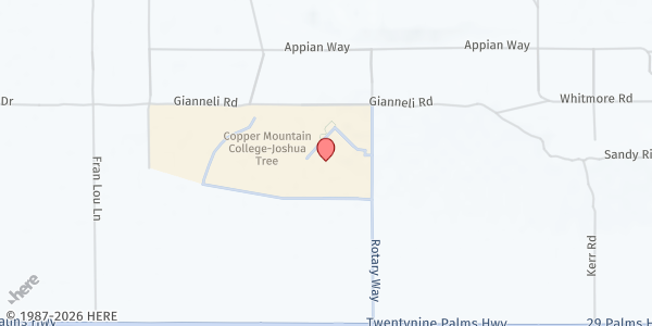 Map showing FIND Mobile Market - Copper Mountain College, Joshua Tree at 6162 Rotary Way, Bell Center Parking Lot, Joshua Tree, CA