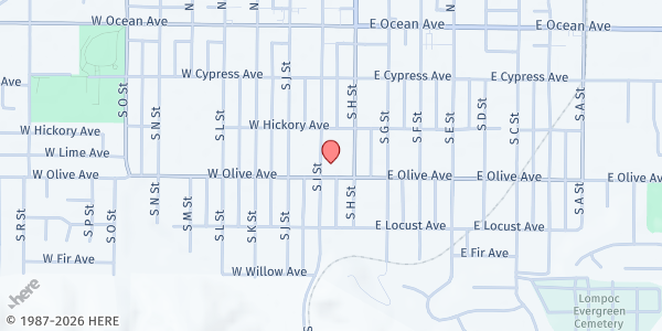 Map showing La Purisma Catholic Church at 213 W Olive Ave, Lompoc, CA