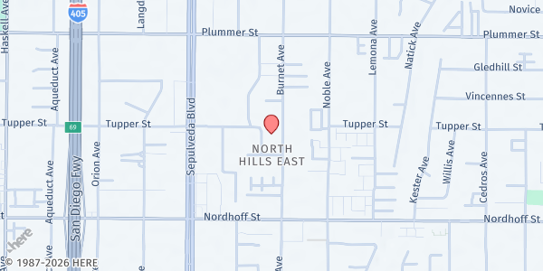 Map showing Centro de Vida International Church Movement - North Hills at 9251 Burnet Avenue, Los Angeles, CA