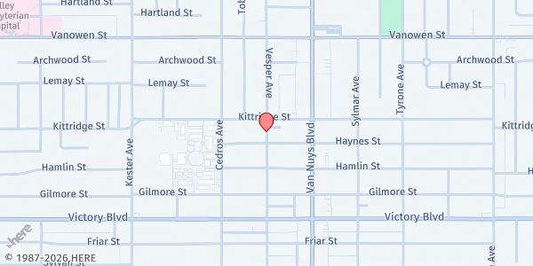 Map showing Church of the Valley - Fetty Food Pantry at 6565 Vesper Blvd., Los Angeles, CA