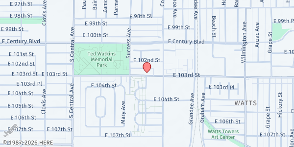 Map showing East Side Riders Bike Club - Main Location at 1513 E. 103rd St, Los Angeles, CA