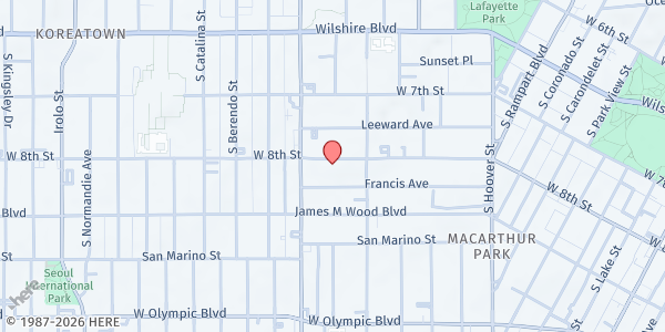 Map showing First Unitarian Church at 2936 W. 8th Street, Los Angeles, CA