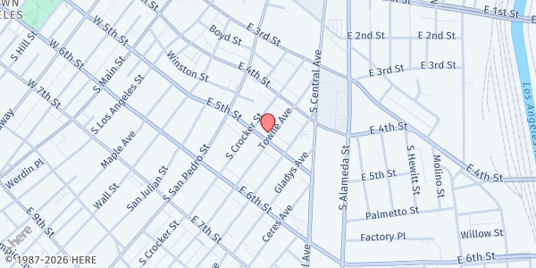 Map showing Fred Jordan Missions at 445 Towne Avenue, Los Angeles, CA