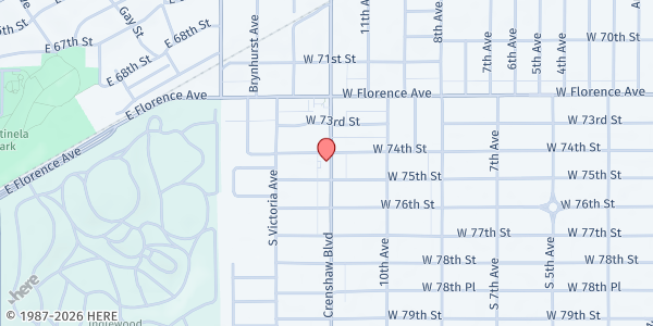 Map showing Here to Help Foundation at 7409 S. Crenshaw Bl, Los Angeles, CA