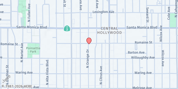 Map showing Hollywood Food Coalition Community Dinner Location at 990 N Orange Dr., Los Angeles, CA