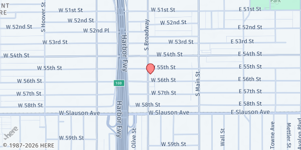 Map showing Iglesia Cristiana El Shaddai at 5518 S. Broadway, Los Angeles, CA