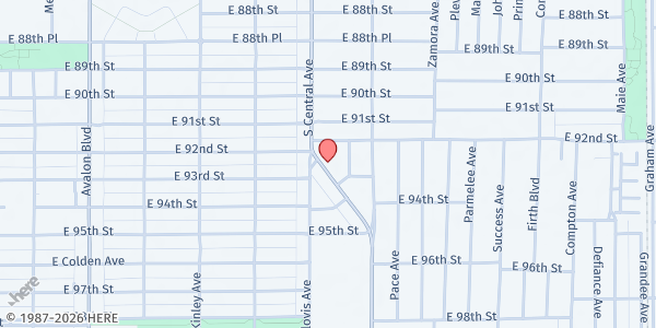 Map showing Iglesia Macedonia Defenders of the Christian Faith at 9228 S. Central Ave., Los Angeles, CA