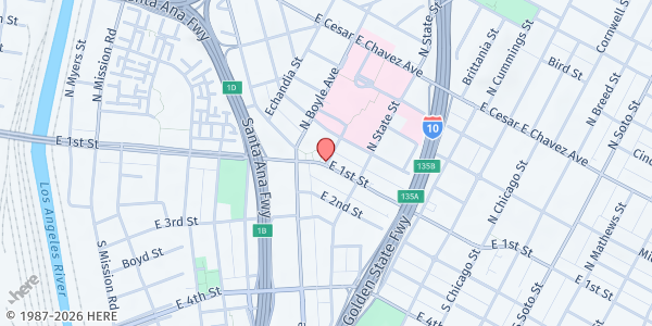 Map showing Iglesia Pentecostes Roca de Salvacion - Mariachi Plaza at 1831 First Street, Los Angeles, CA