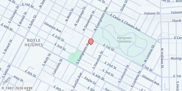 Map showing Iglesia Pentecostes Roca de Salvacion - South Evergreen Avenue at 122 South Evergreen Avenue, Los Angeles, CA
