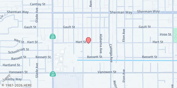 Map showing Loaves, Fishes – Canoga Park Guadalupe Center at 21600 Hart St, Los Angeles, CA