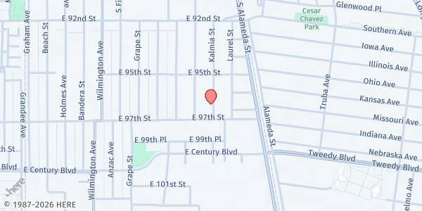 Map showing Ministerios Cristianos Faro De Luz at 9615 Kalmia St., Los Angeles, CA