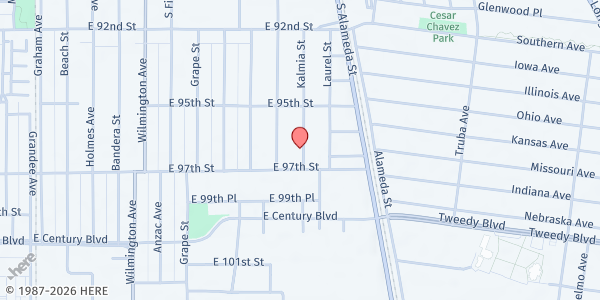 Map showing Ministerios Cristianos Faro De Luz - Church Parking Lot at 9615 Kalmia St., Los Angeles, CA