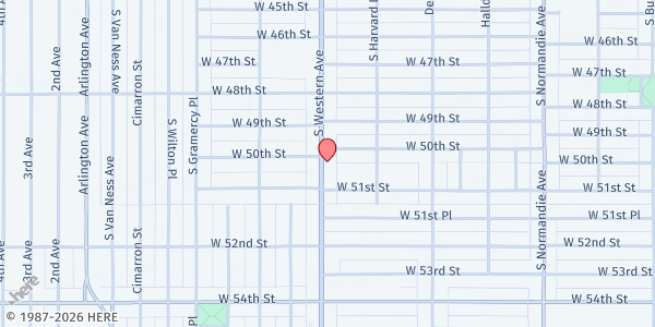 Map showing Rose Banner Ministries Inc. - Main Location at 5014 S. Western Avenue, Los Angeles, CA