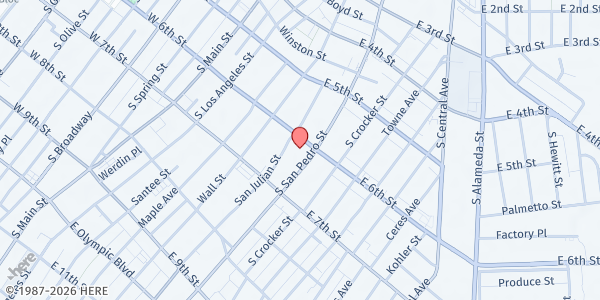 Map showing The Midnight Mission - Main Location at 601 South San Pedro Street, Los Angeles, CA