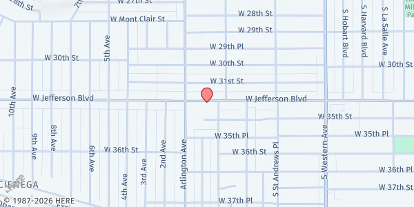 Map showing Trinity Baptist Church at 2040 W. Jefferson Blvd., Los Angeles, CA