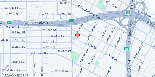 Map showing United University Church - Main Pantry at 1053 W 23rd St, Los Angeles, CA