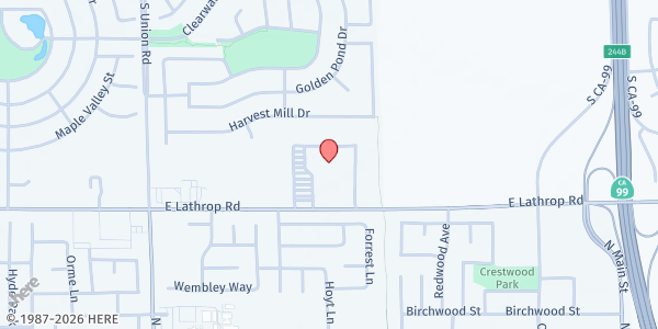 Map showing Calvary Community Church at 815 West Lathrop Road, Manteca, CA
