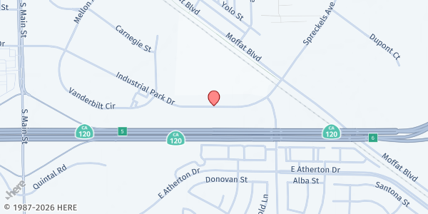 Map showing Second Harvest Food Bank at 74 E. Industrial Park Dr., Manteca, CA