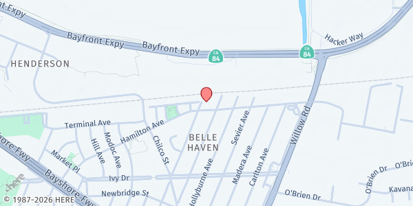 Map showing Mt Olive Apostolic Holy Chch of God at 605 Hamilton Avenue, Menlo Park, CA