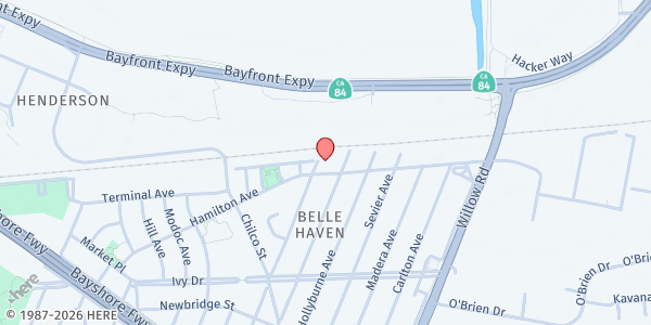 Map showing Mt Olive Apostolic Holy Church of God at 605 Hamilton Avenue, Menlo Park, CA