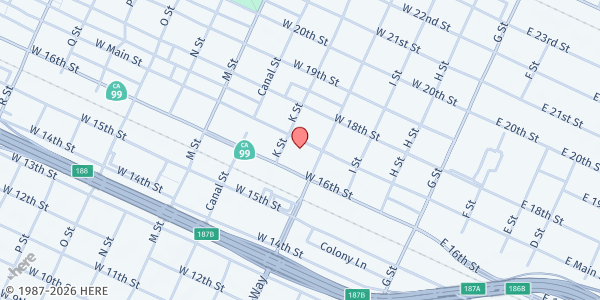 Map showing CATHOLIC CHARITIES OF MERCED at 336 W. Main Street, Merced, CA