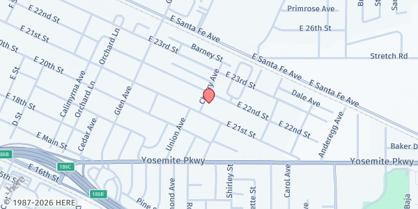 Map showing New Hope Church at 1207 E 21st St., Merced, CA
