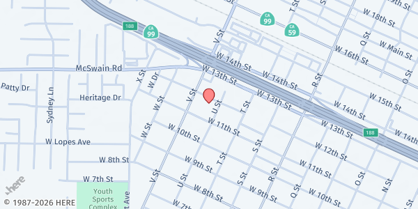 Map showing SALVATION ARMY at 1440 W. 12th Street, Merced, CA