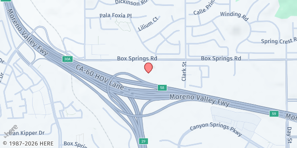 Map showing Cross Word Christian Church - Bread of Life Food Pantry at 21401 Box Springs Rd, Moreno Valley, CA