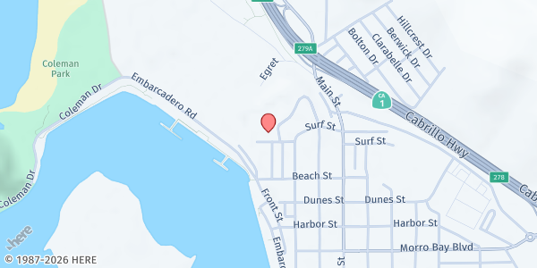 Map showing Morro Bay Veterans Memorial Building at 209 Surf St., Morro Bay, CA