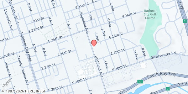 Map showing Community Food Bank of National City at 2605 Highland Avenue, National City, CA