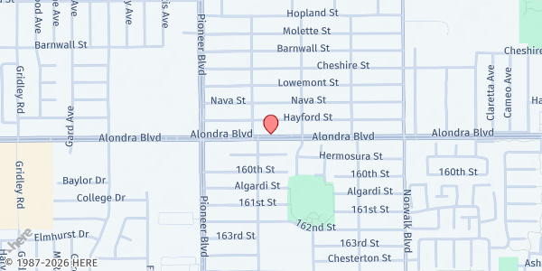 Map showing City of Norwalk - Department of Social Services Social Services Center at 11929 Alondra Boulevard, Norwalk, CA
