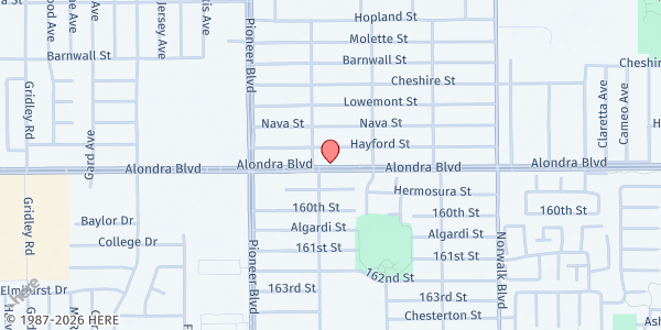 Map showing Norwalk Social Services Emergency Food Pantry at 11929 Alondra Boulevard, Norwalk, CA