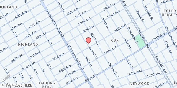 Map showing Christian Tabernacle Church at 9330 Walnut St., Oakland, CA