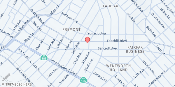 Map showing Greater Bethesda Church of God in Christ at 5045 Foothill Blvd., Oakland, CA