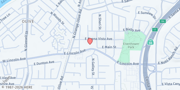Map showing North Orange Christian Church at 1001 E. Lincoln, Orange, CA