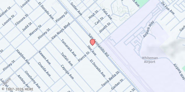 Map showing MEND Poverty Emergency Foodbank at 10641 N. San Fernando Road, Pacoima, CA