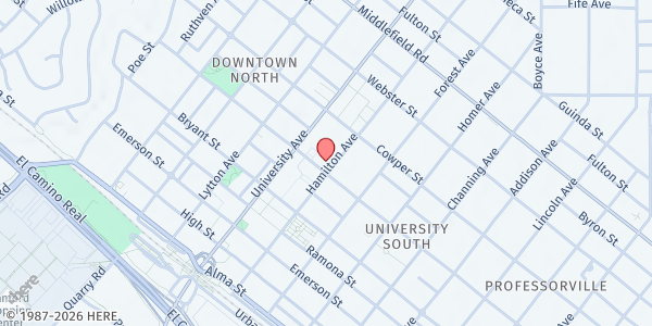 Map showing Downtown Food Closet of Palo Alto at 425 Hamilton Avenue, Palo Alto, CA