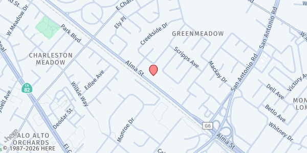 Map showing St. Andrew's United Methodist Church at 4111 Alma Street, Palo Alto, CA