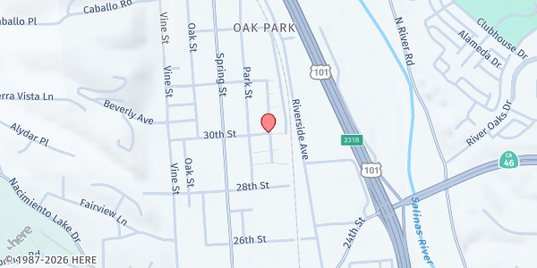 Map showing Oak Park (Paso Robles Housing Authority) - Neighborhood Food Distribution at 30th and Pine, Paso Robles, CA