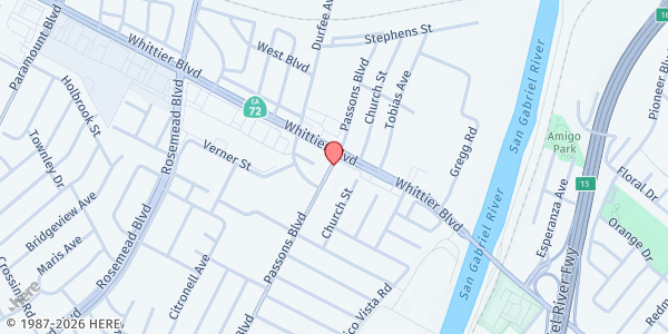 Map showing Catholic Charities - Pico Rivera Resource Center at 5014 Passons Boulevard, Pico Rivera, CA
