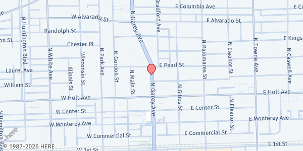 Map showing Purpose Church Food Pantry - North Parking Lot at 601 N Garey Ave, Pomona, CA