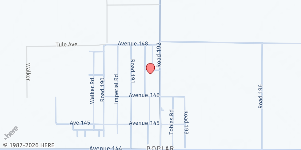 Map showing Poplar Church of God at 14694 Kilroy St., Poplar, CA