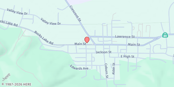 Map showing Plumas Crisis Intervention Resource Center at 591 W Main St, Quincy, CA