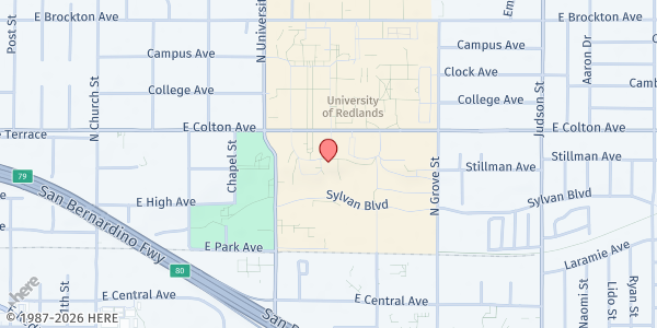 Map showing University of Redlands at 1200 E Colton Ave, Redlands, CA