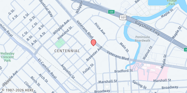 Map showing Salvation Army Redwood City at 660 Veterans Blvd, Redwood City, CA