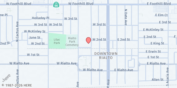 Map showing Rialto Child Assistance at 214 N. Palm Avenue, Rialto, CA