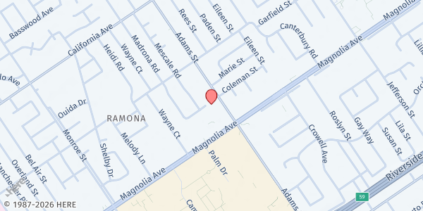 Map showing Magnolia Church at 8351 Magnolia Ave, Riverside, CA