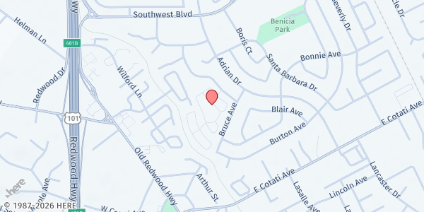 Map showing Las Casitas de Sonoma Mobile Park at 7545 Bridgit Dr., Rohnert Park, CA