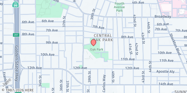 Map showing Temple of Prayer - Oak Park Community Center at 3415 Martin Luther King Jr Blvd, Sacramento, CA