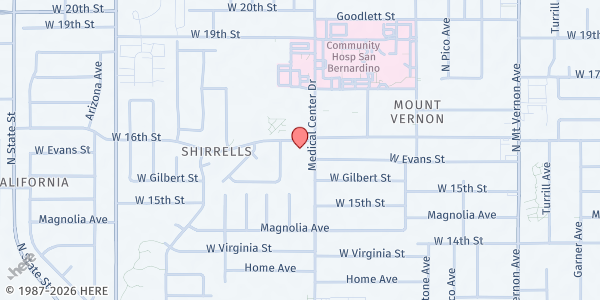 Map showing 16th Street SDA Church at 1601 W 16th St, San Bernardino, CA
